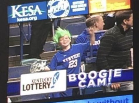 Nine year old Tyler Boggs on the jumbo screen at Rupp Arena 