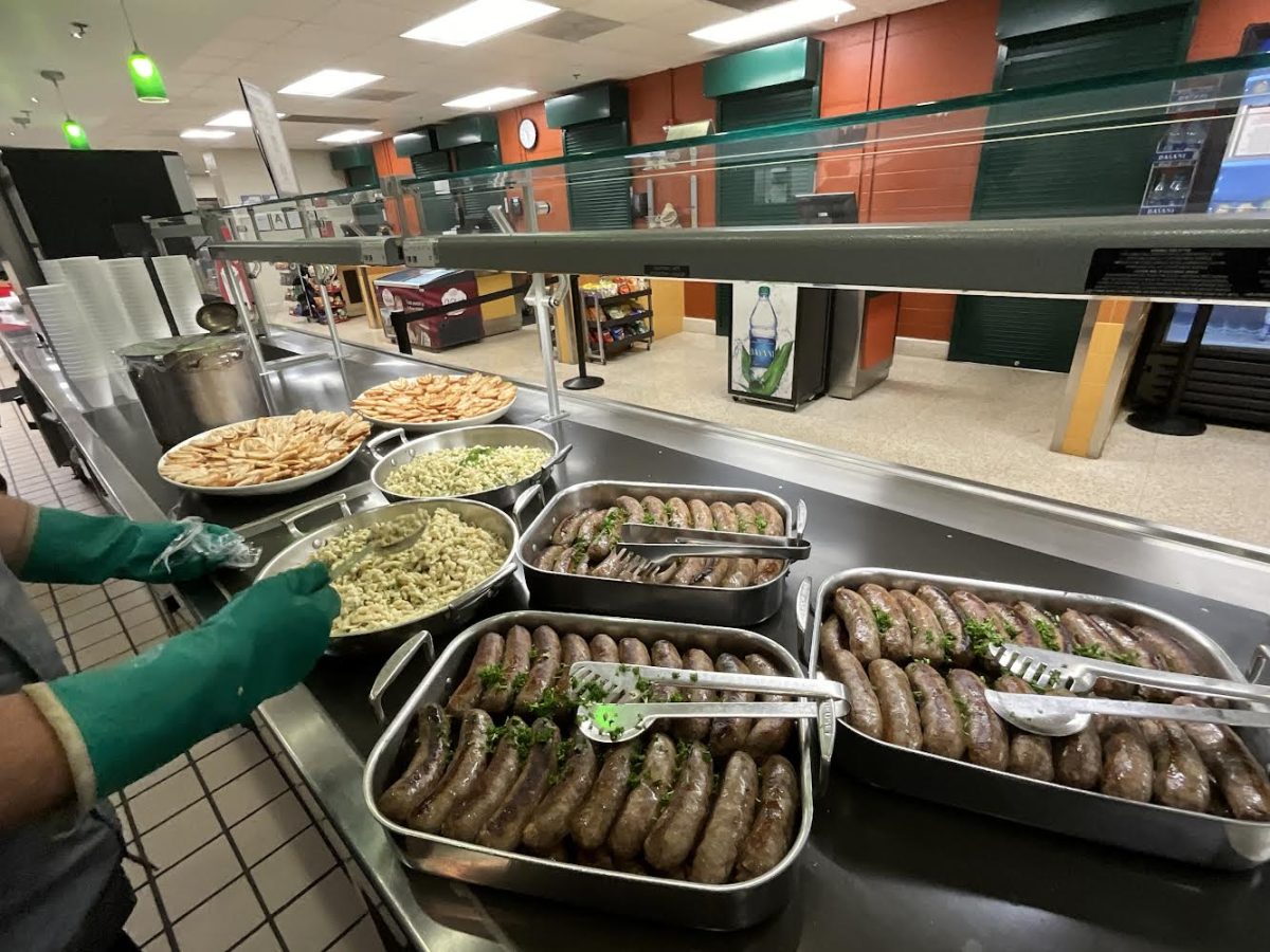 The dishes served at the international dinner were Bratwurst, Spätzle, Palmiers, and Parisian Hot Chocolate (R-L).