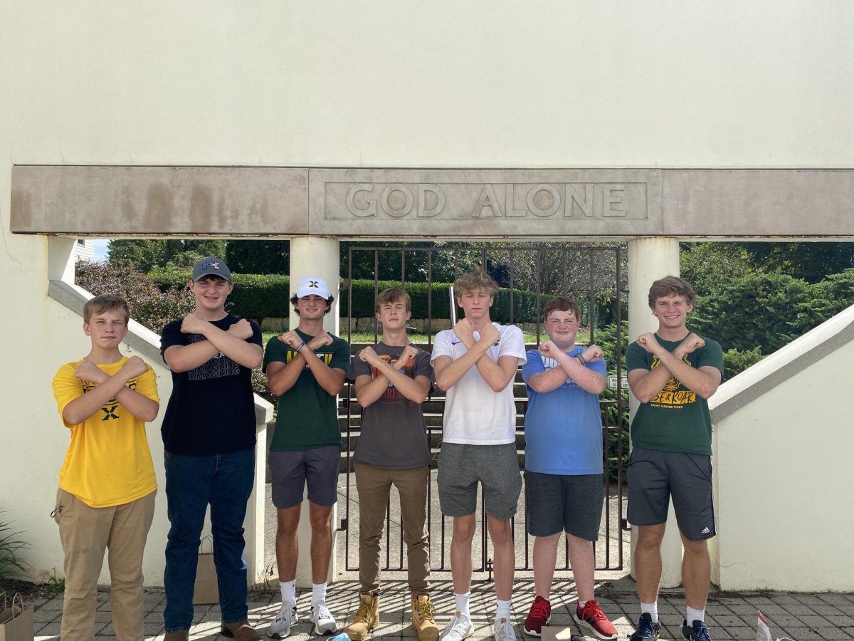 St. X students at the front entrance of the Abbey 