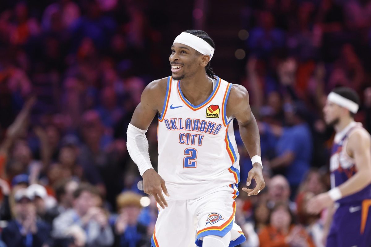 Feb 5, 2025; Oklahoma City, Oklahoma, USA; Oklahoma City Thunder guard Shai Gilgeous-Alexander (2) smiles after scoring against the Phoenix Suns during the second half of a game at Paycom Center. Mandatory Credit: Alonzo Adams-Imagn Images