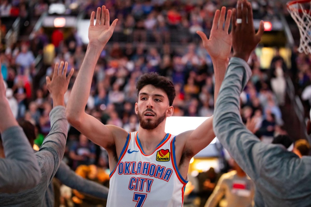 Mar 3, 2024; Phoenix, Arizona, USA; Oklahoma City Thunder forward Chet Holmgren (7) against the Phoenix Suns at Footprint Center. Mark J. Rebilas-USA TODAY Sports