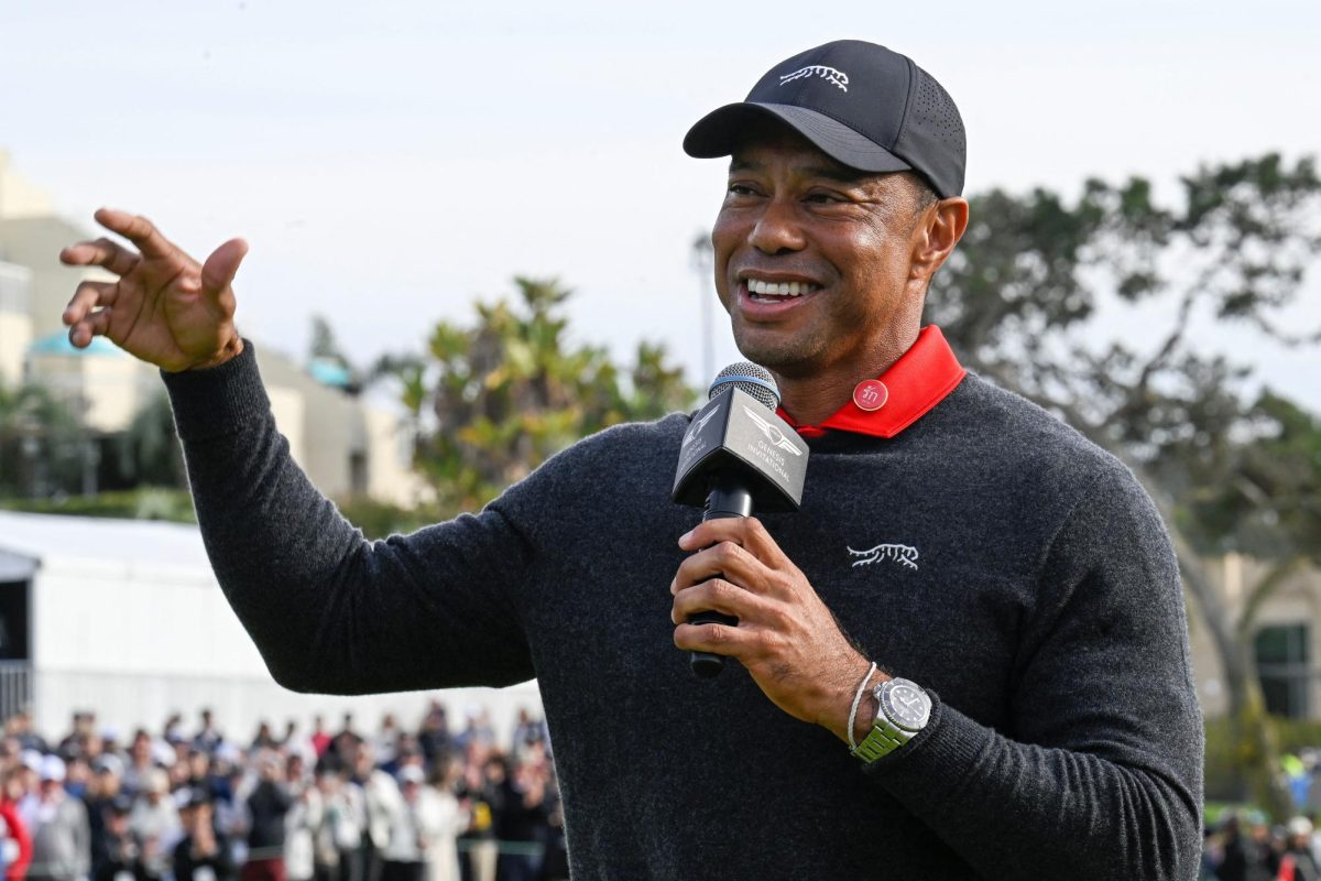 Feb 16, 2025; San Diego, California, USA; Tiger Woods speaks at The Genesis Invitational golf tournament at Torrey Pines. Mandatory Credit: Denis Poroy-Imagn Images