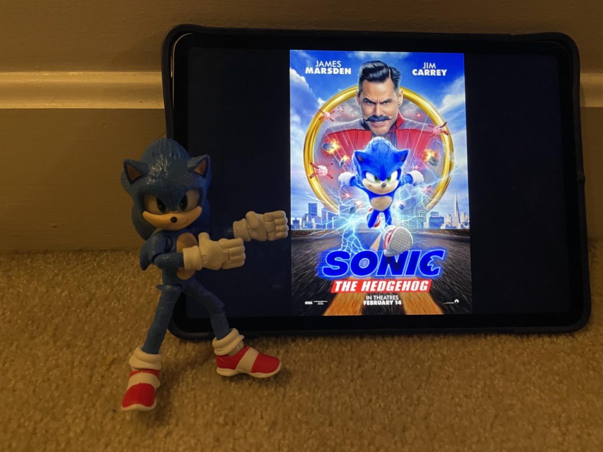 Sonic pointing to the poster for his first movie.