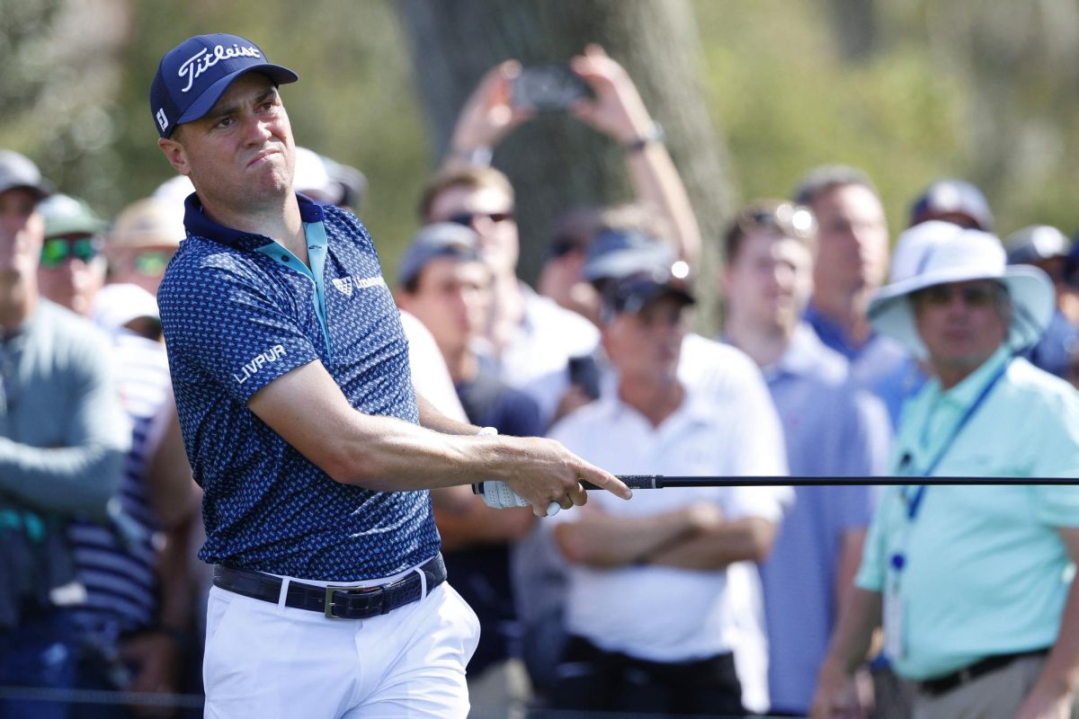 Mar 14, 2025; Ponte Vedra Beach, Florida, USA; Justin Thomas hits off of the ninth tee during the second round of The Players Championship golf tournament at TPC Sawgrass. Mandatory Credit: Jeff Swinger-Imagn Images