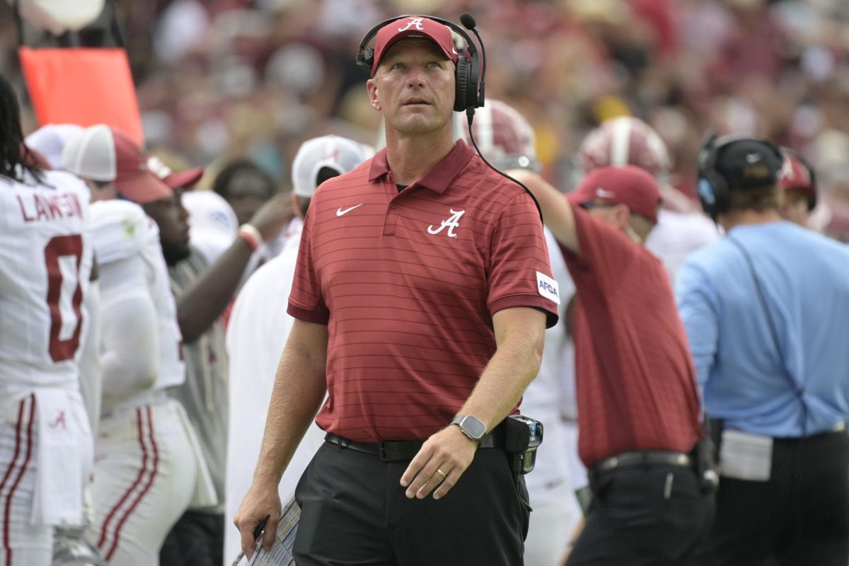 Aug 30, 2025; Tallahassee, Florida, USA; Alabama Crimson Tide head coach Kalen DeBoer looks on against the Florida State Seminoles during the second half at Doak S. Campbell Stadium. Mandatory Credit: Melina Myers-Imagn Images