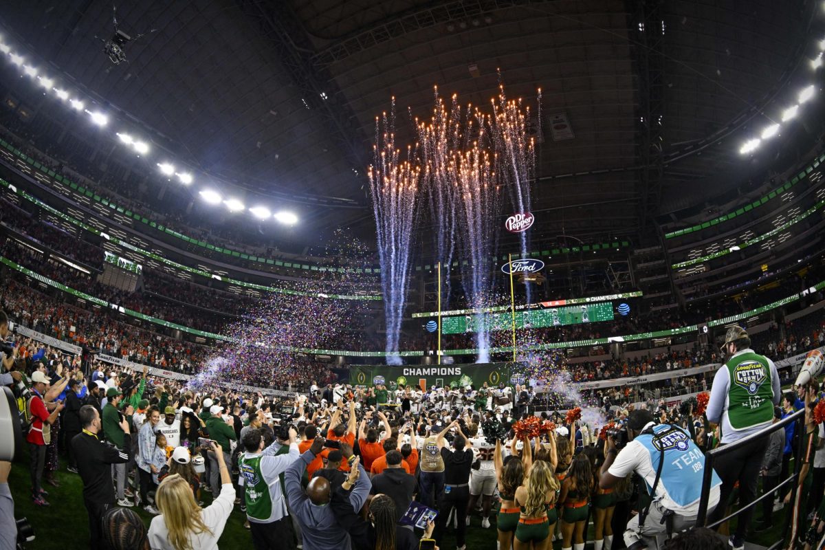 Dec 31, 2025; Arlington, TX, USA; The Miami Hurricanes celebrate with fireworks and confetti after the 2025 Cotton Bowl and quarterfinal game of the College Football Playoff at AT&T Stadium. Mandatory Credit: Jerome Miron-Imagn Images