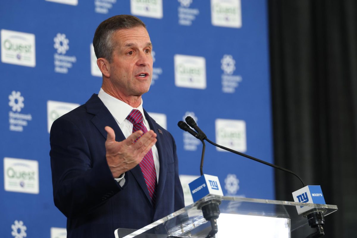 Jan 20, 2026; East Rutherford, NJ, USA; New York Giants head coach John Harbaugh speaks at the press conference announcing his hiring at Quest Diagnostics Training Center. Mandatory Credit: Ed Mulholland-Imagn Images