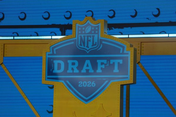 Apr 23, 2026; Pittsburgh, PA, USA; The 2026 NFL Draft logo on the theater stage at Acrisure Stadium. Mandatory Credit: Kirby Lee-Imagn Images
